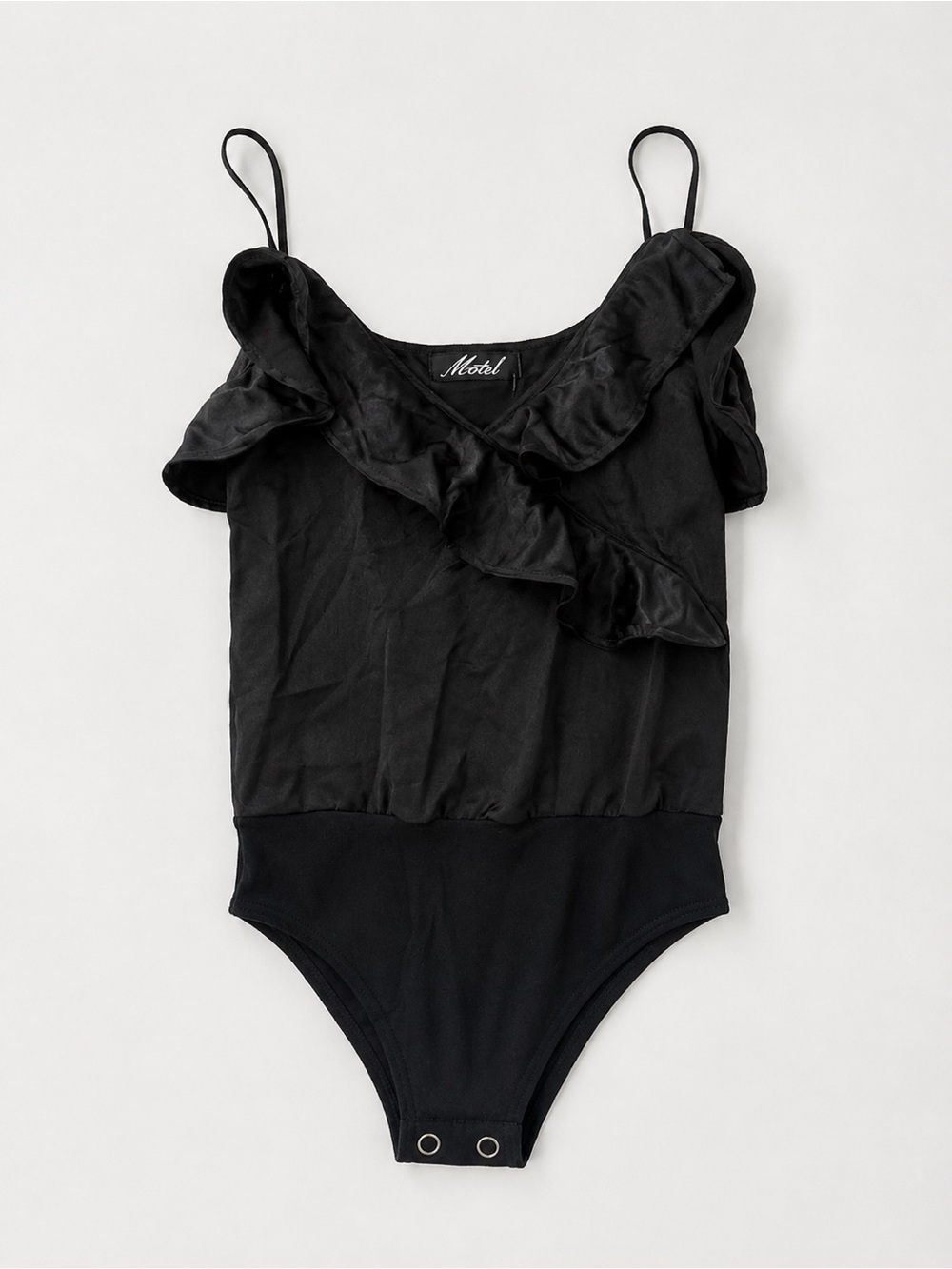 Motel Rocks Black Satin Ruffle Neckline Bodysuit NWOT Size Small